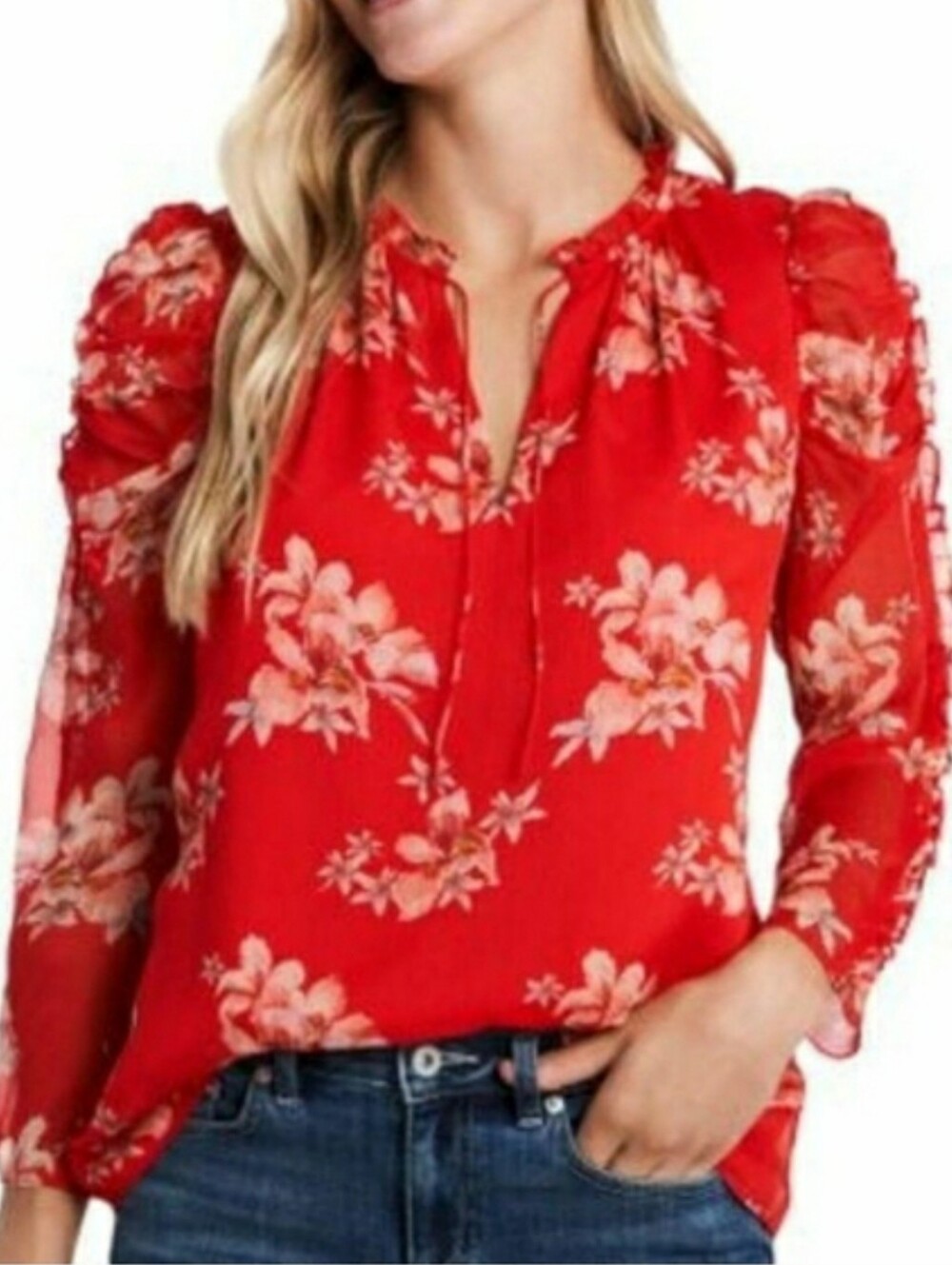CeCe Cherry Rose Lava Red Floral Print V-Neck Blouse Sheer Ruched Sleeve Small - Picture 11 of 11